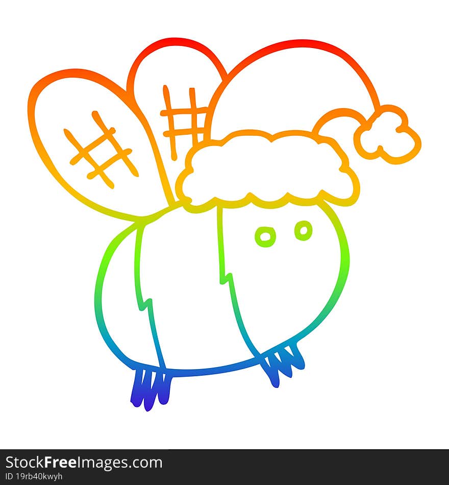 rainbow gradient line drawing of a cute cartoon bee wearing christmas hat