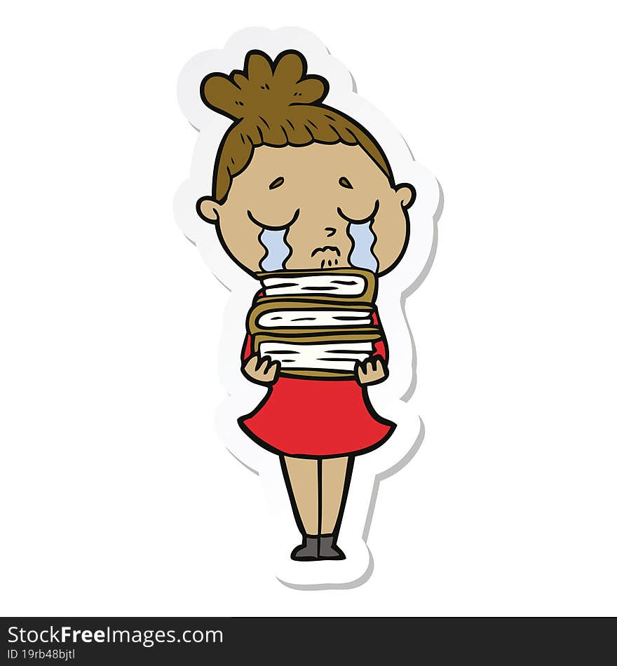 sticker of a cartoon crying woman with stack of books