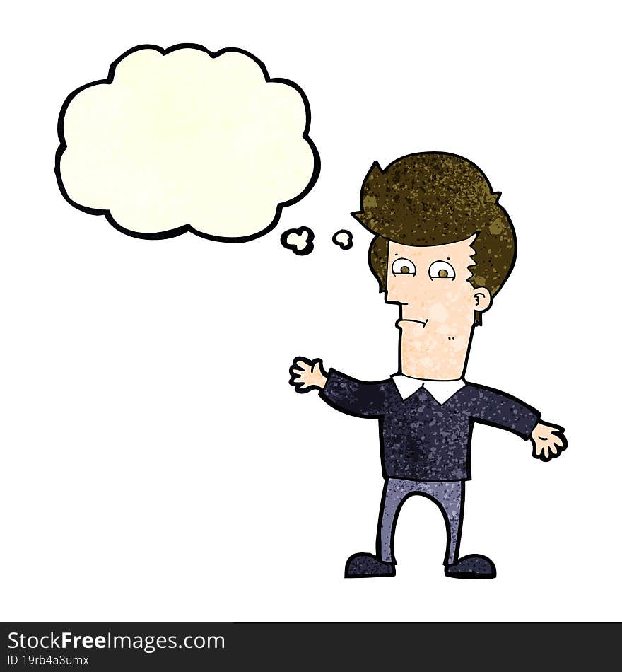 cartoon waving man with thought bubble