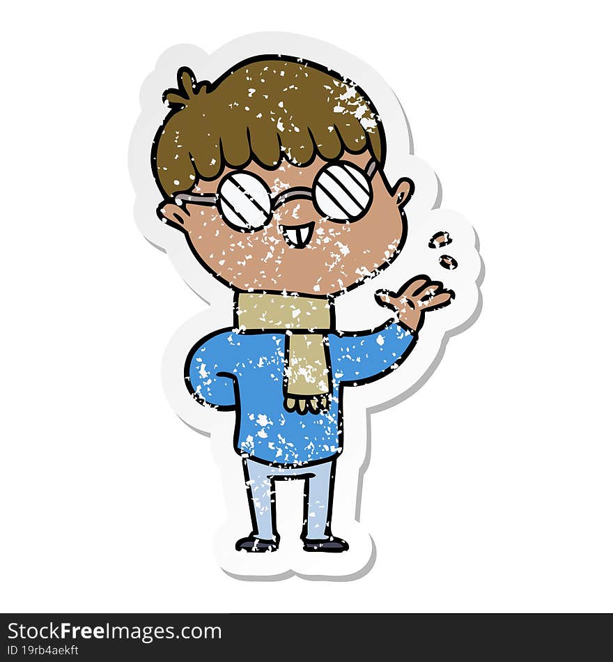 distressed sticker of a cartoon boy wearing spectacles