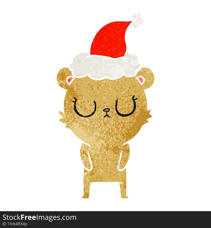 peaceful retro cartoon of a bear wearing santa hat