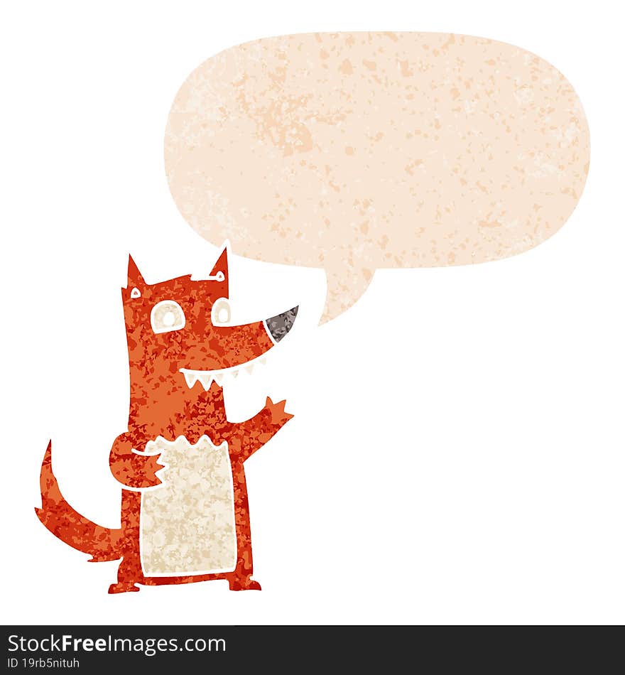 cartoon wolf and speech bubble in retro textured style