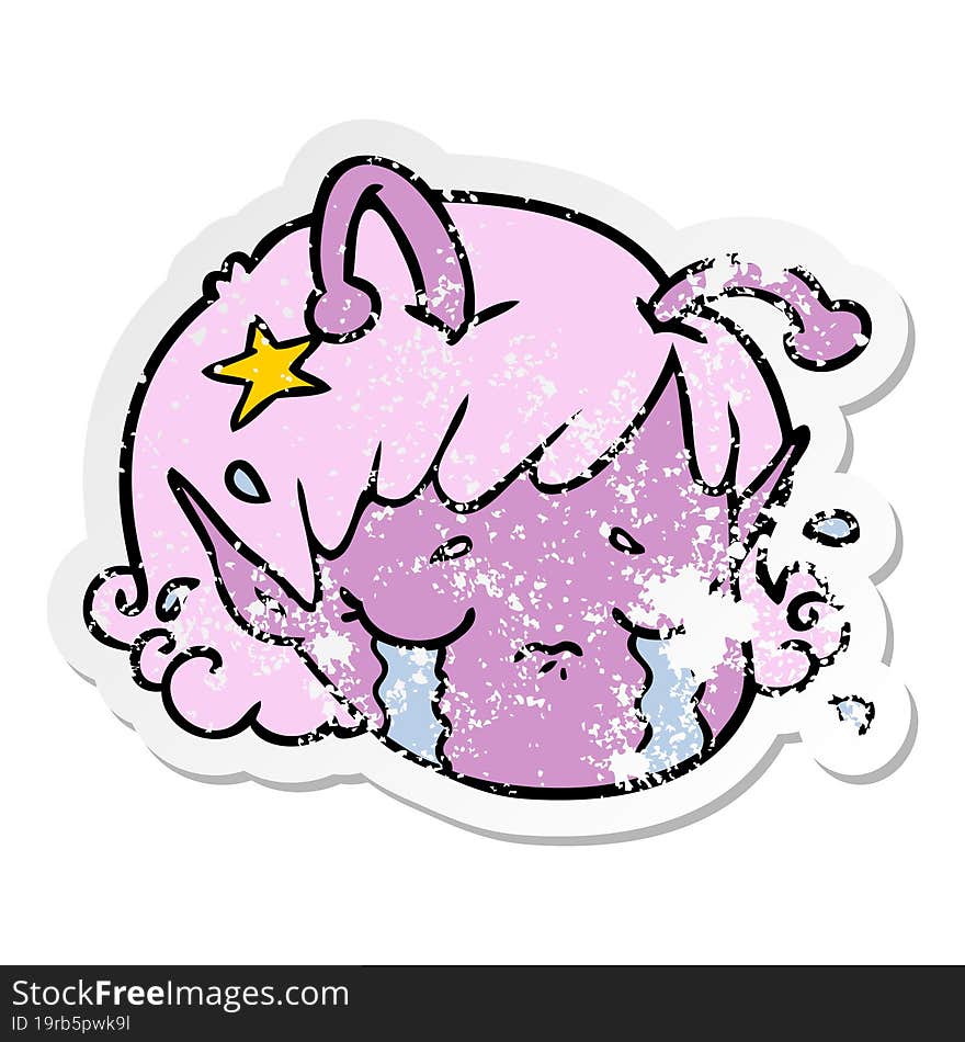 distressed sticker of a cartoon alien space girl face crying