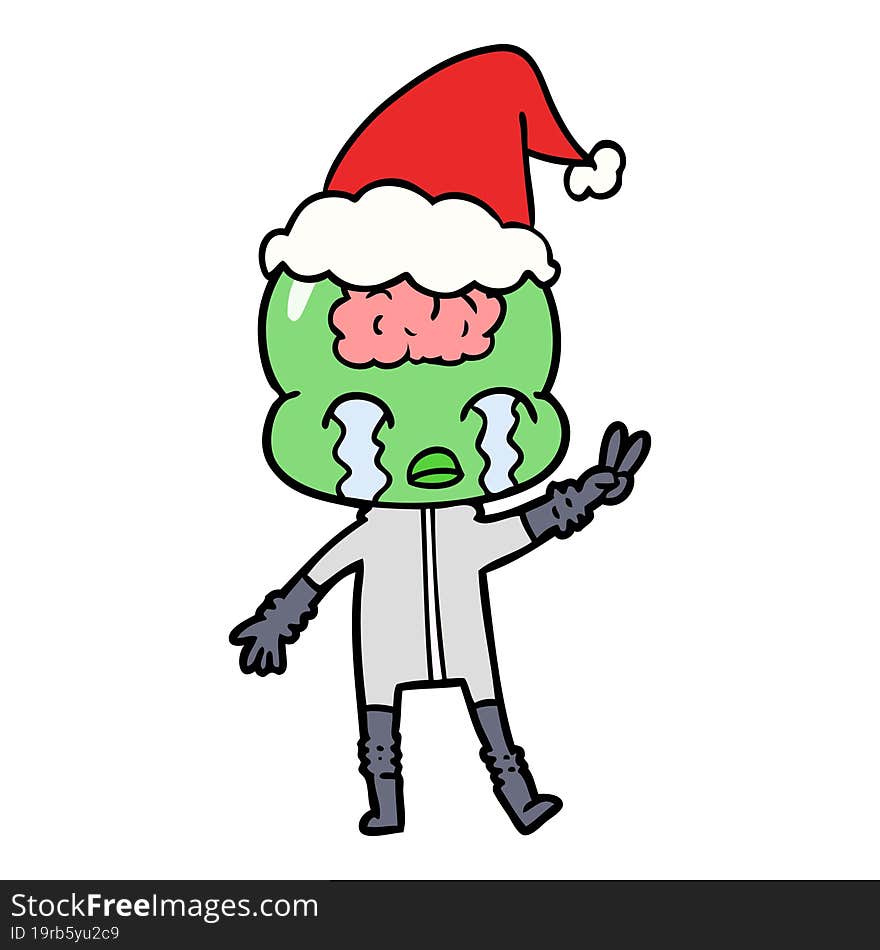 hand drawn line drawing of a big brain alien crying and giving peace sign wearing santa hat