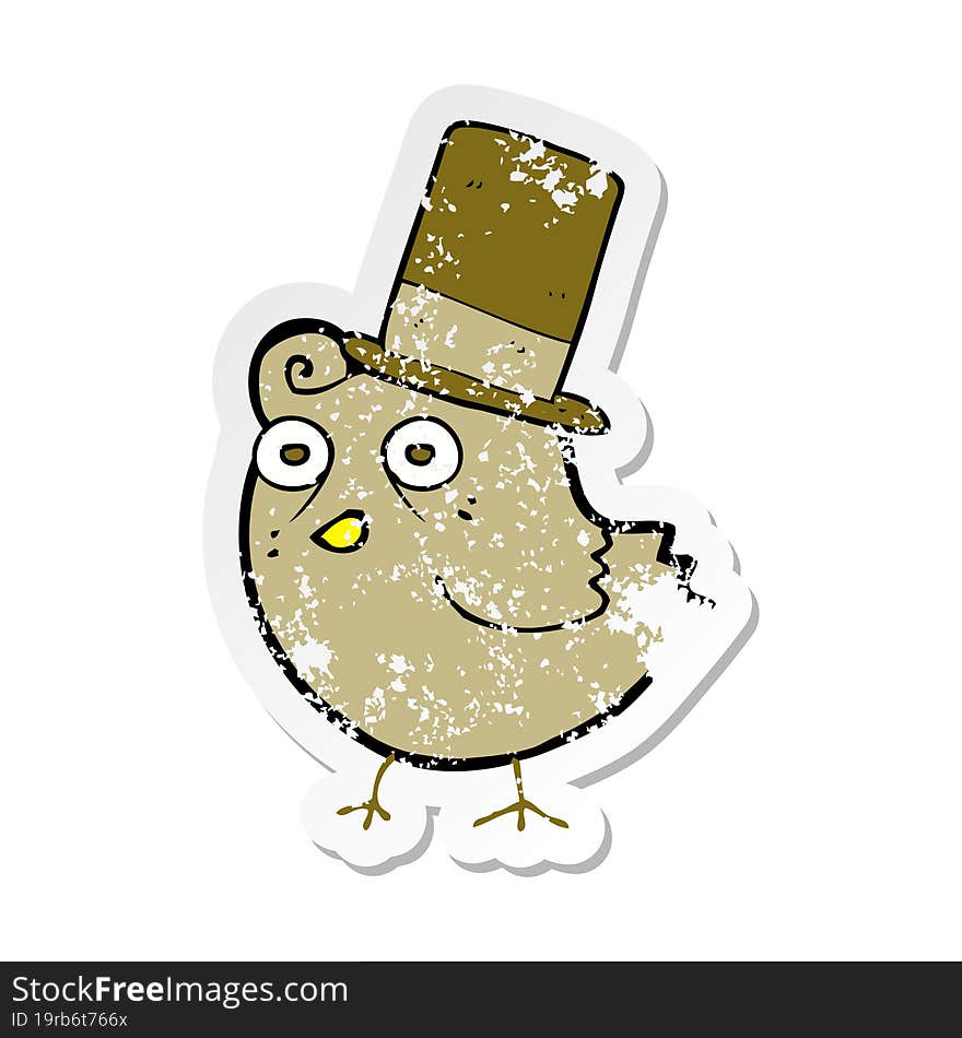 retro distressed sticker of a cartoon bird wearing hat