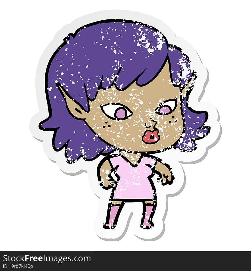 distressed sticker of a pretty cartoon elf girl