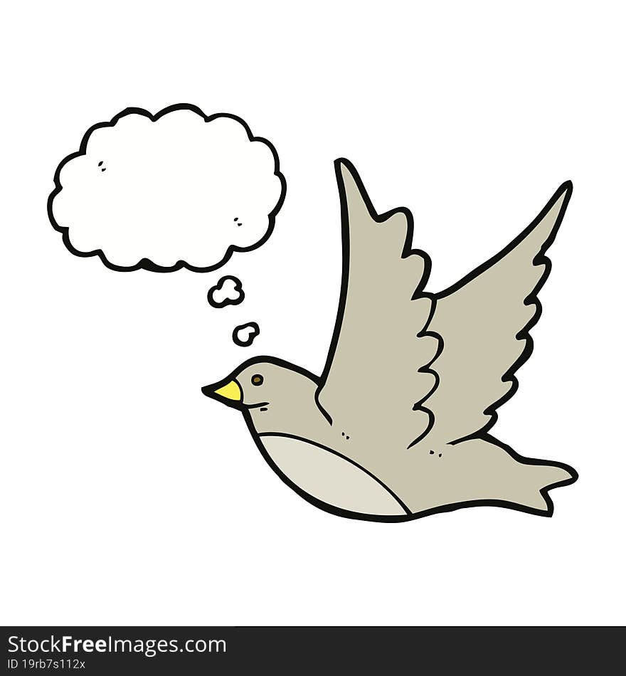 cartoon flying bird with thought bubble