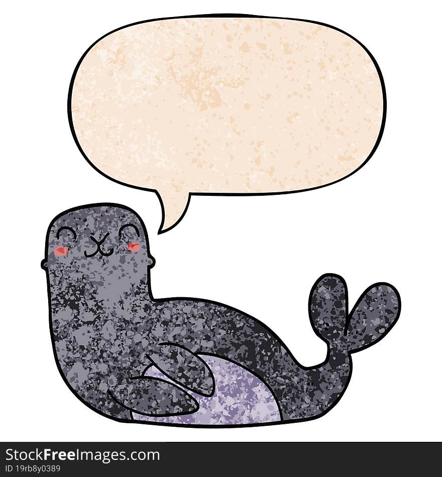 cartoon seal and speech bubble in retro texture style