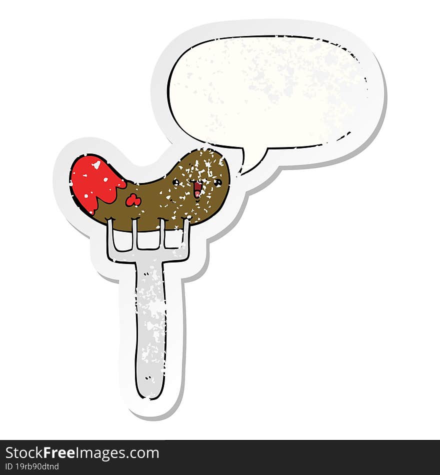 cartoon sausage and fork and speech bubble distressed sticker