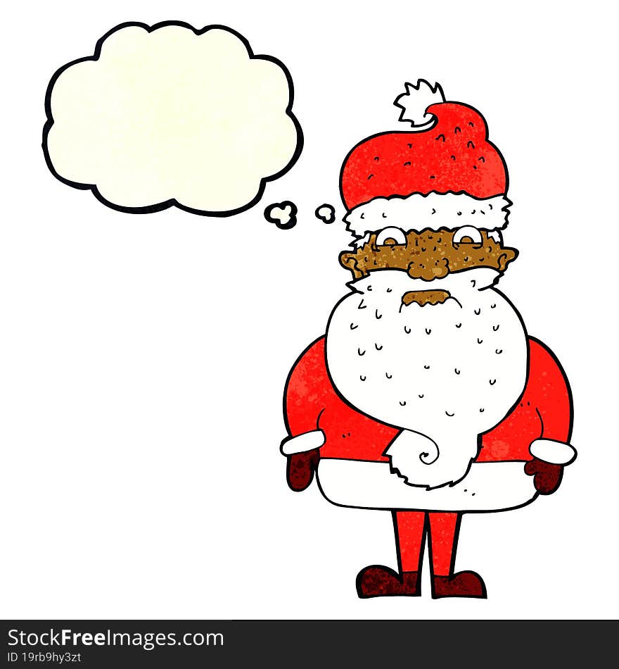 cartoon grumpy santa claus with thought bubble