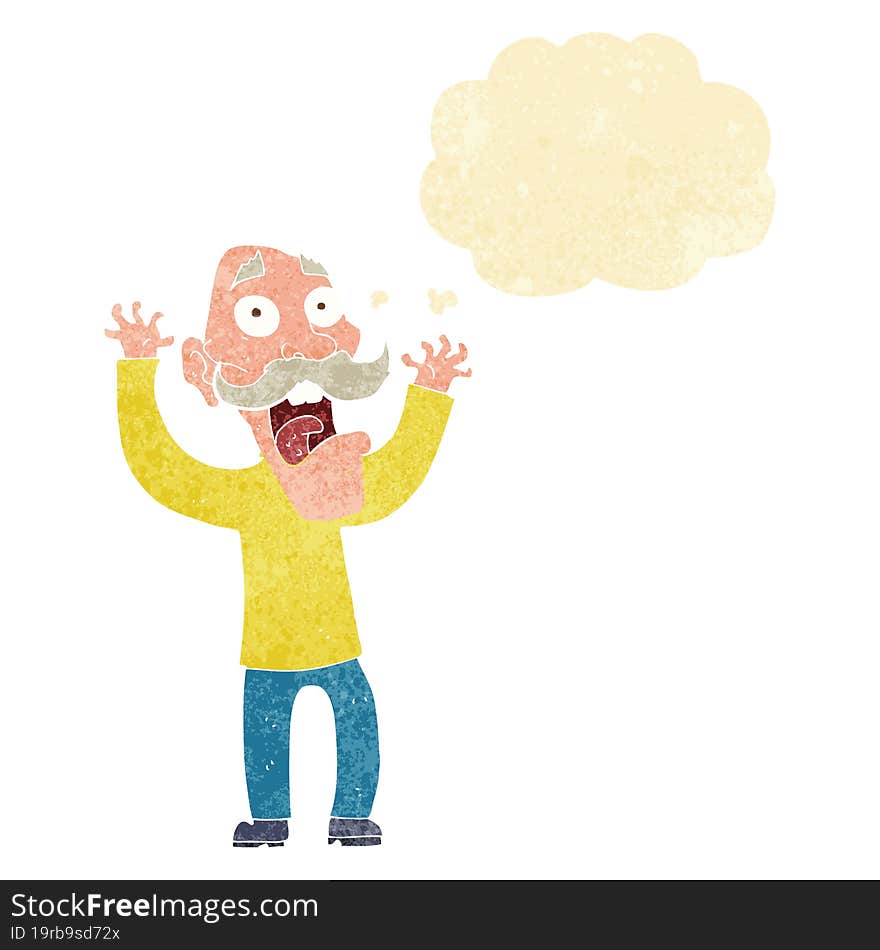 cartoon old man getting a fright with thought bubble