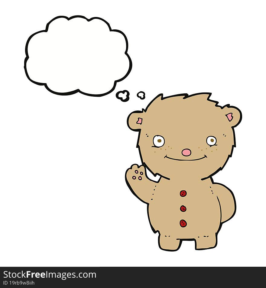 cartoon waving teddy bear with thought bubble