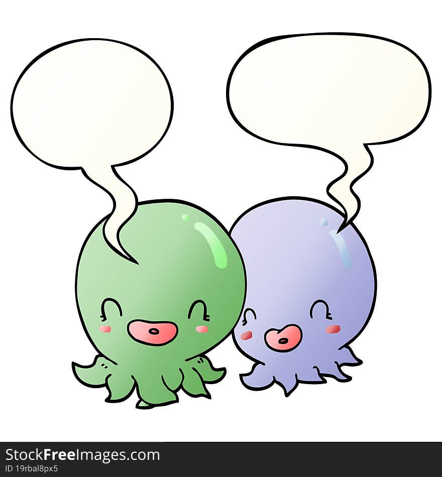 two cartoon octopi  and speech bubble in smooth gradient style