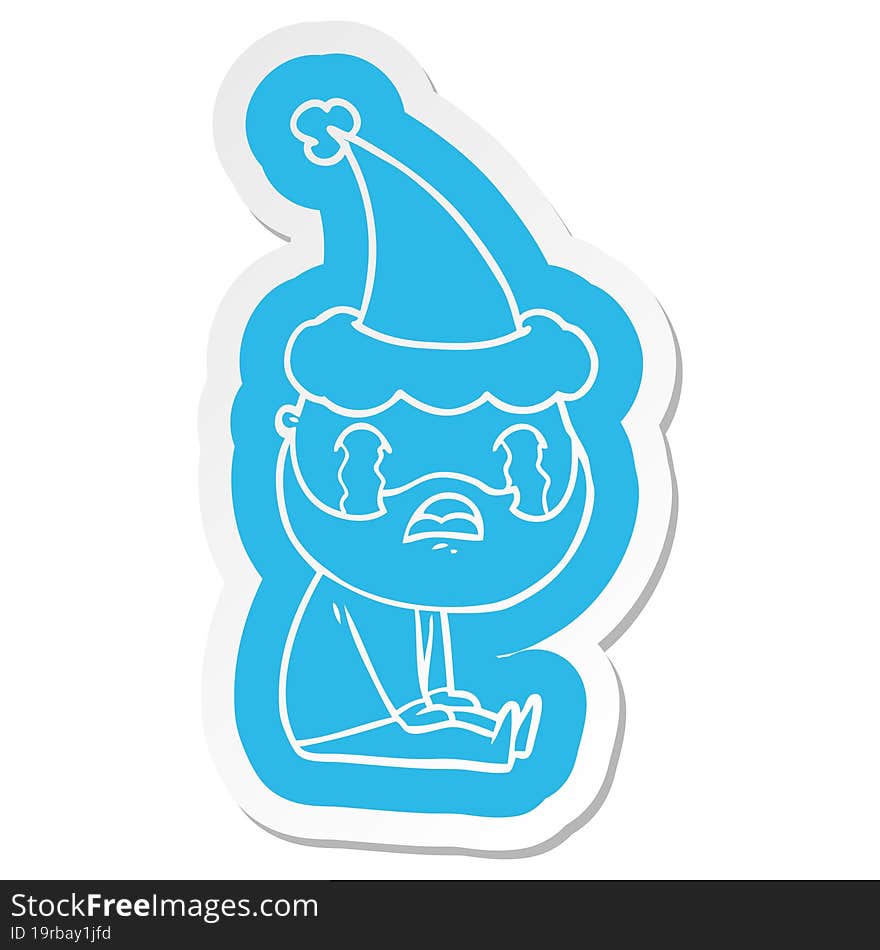 cartoon  sticker of a bearded man crying wearing santa hat