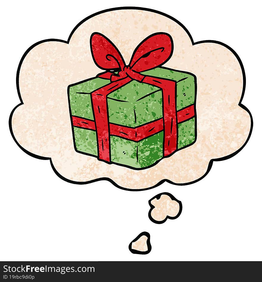 Cartoon Wrapped Gift And Thought Bubble In Grunge Texture Pattern Style