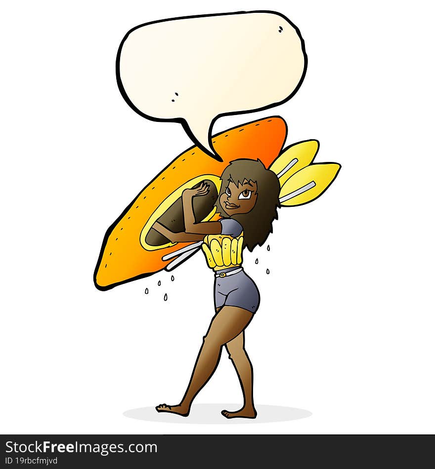 cartoon woman carrying canoe with speech bubble