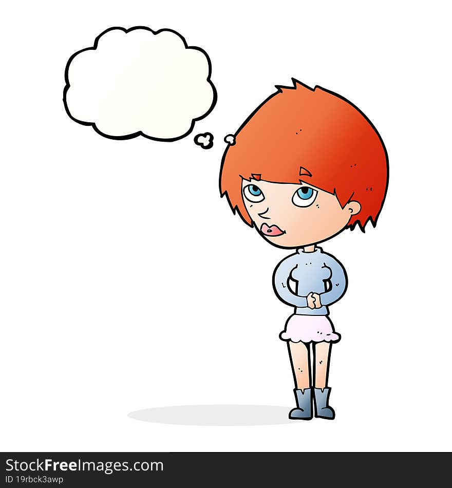 cartoon nervous woman with thought bubble