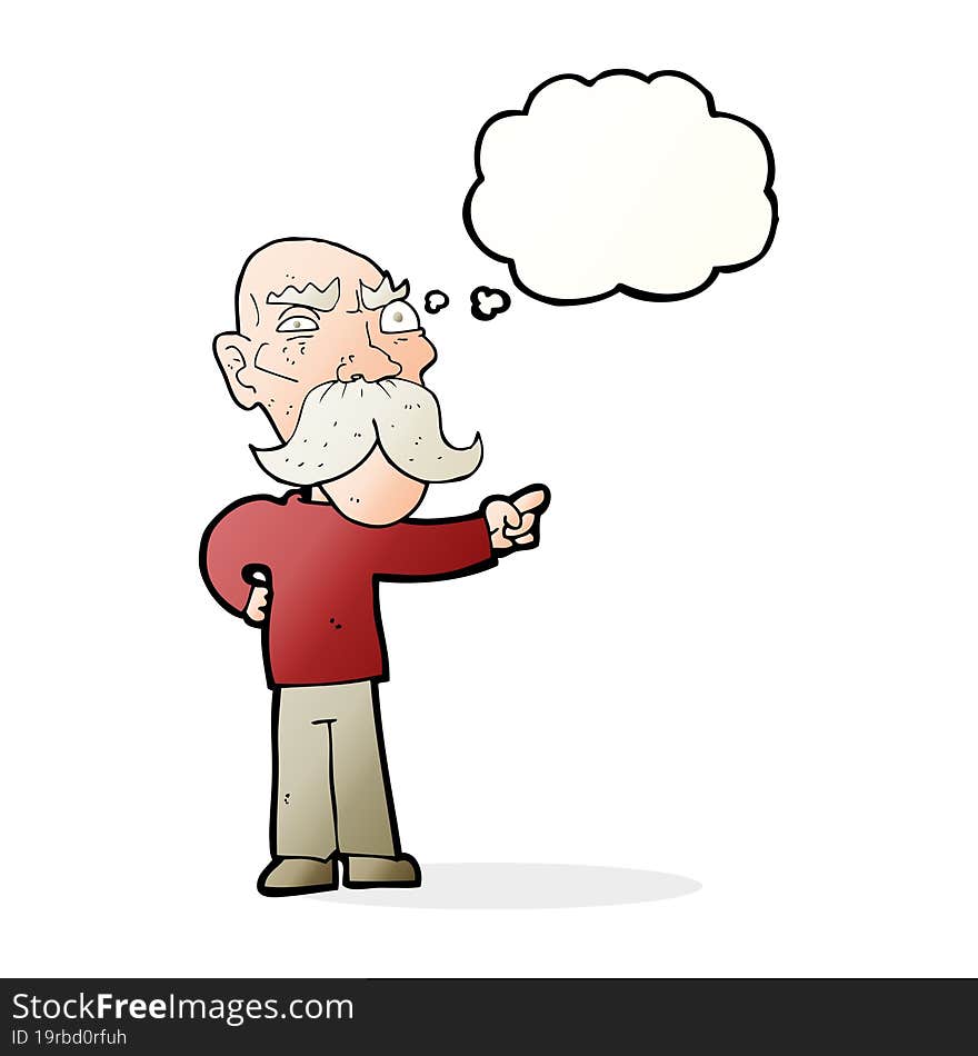 cartoon annoyed old man pointing with thought bubble