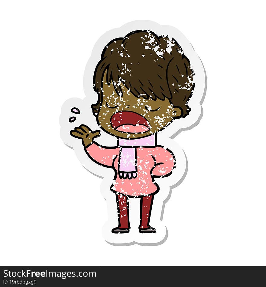 distressed sticker of a cartoon woman talking