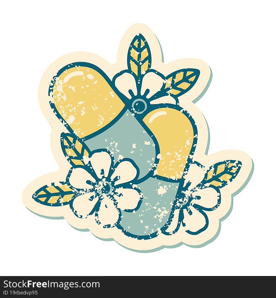 Distressed Sticker Tattoo Style Icon Of Pills And Flowers