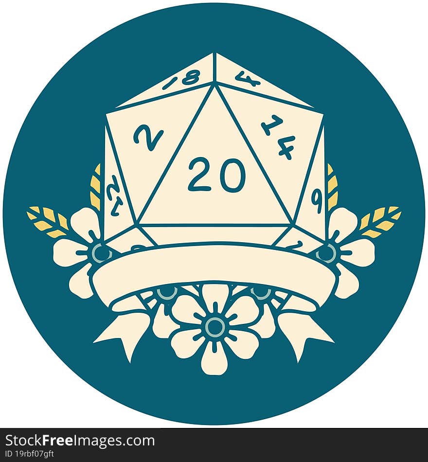 Retro Tattoo Style natural 20 critical hit D20 dice roll. Retro Tattoo Style natural 20 critical hit D20 dice roll