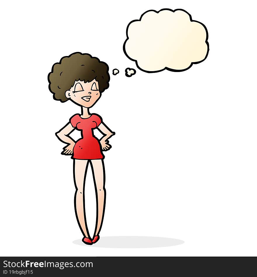 cartoon happy woman with hands on hips with thought bubble