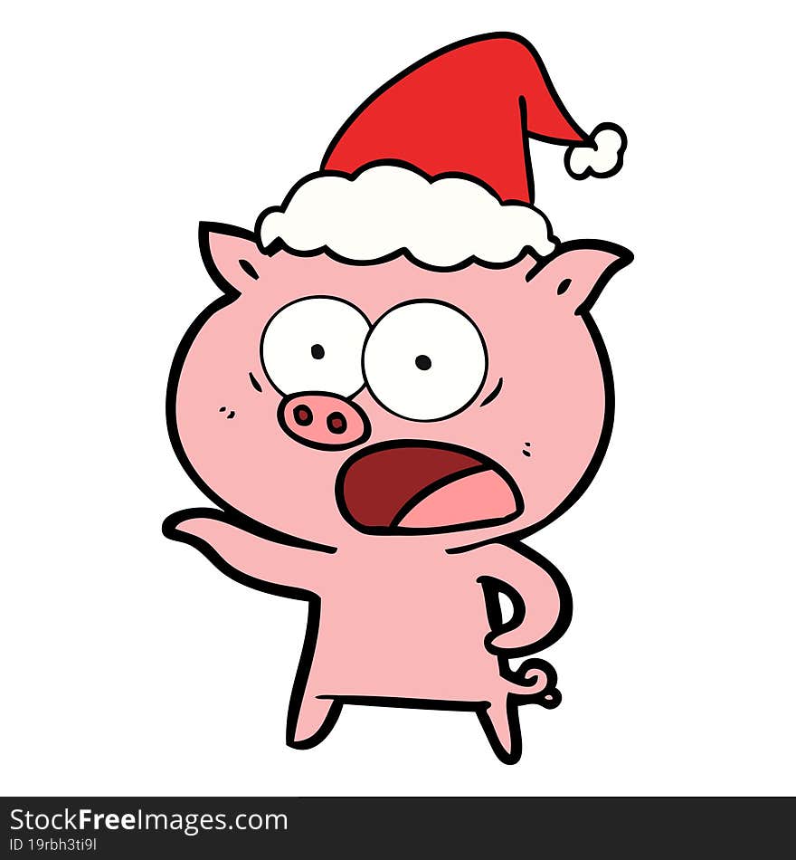 line drawing of a pig shouting wearing santa hat