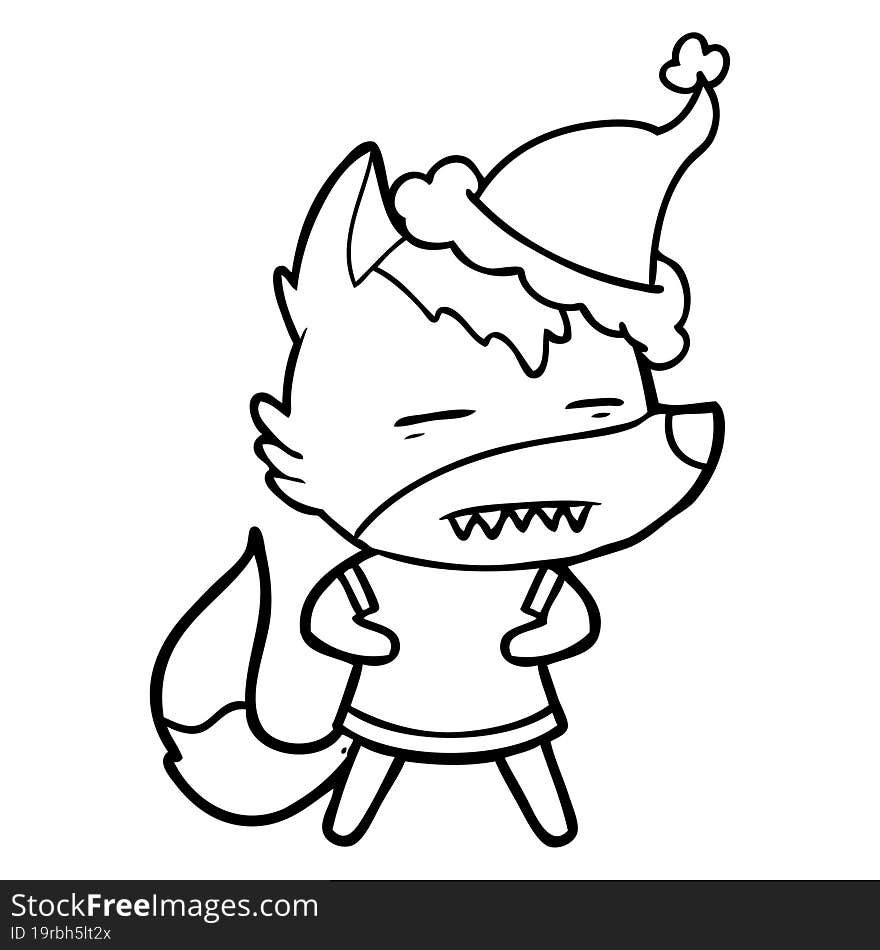 line drawing of a wolf showing teeth wearing santa hat