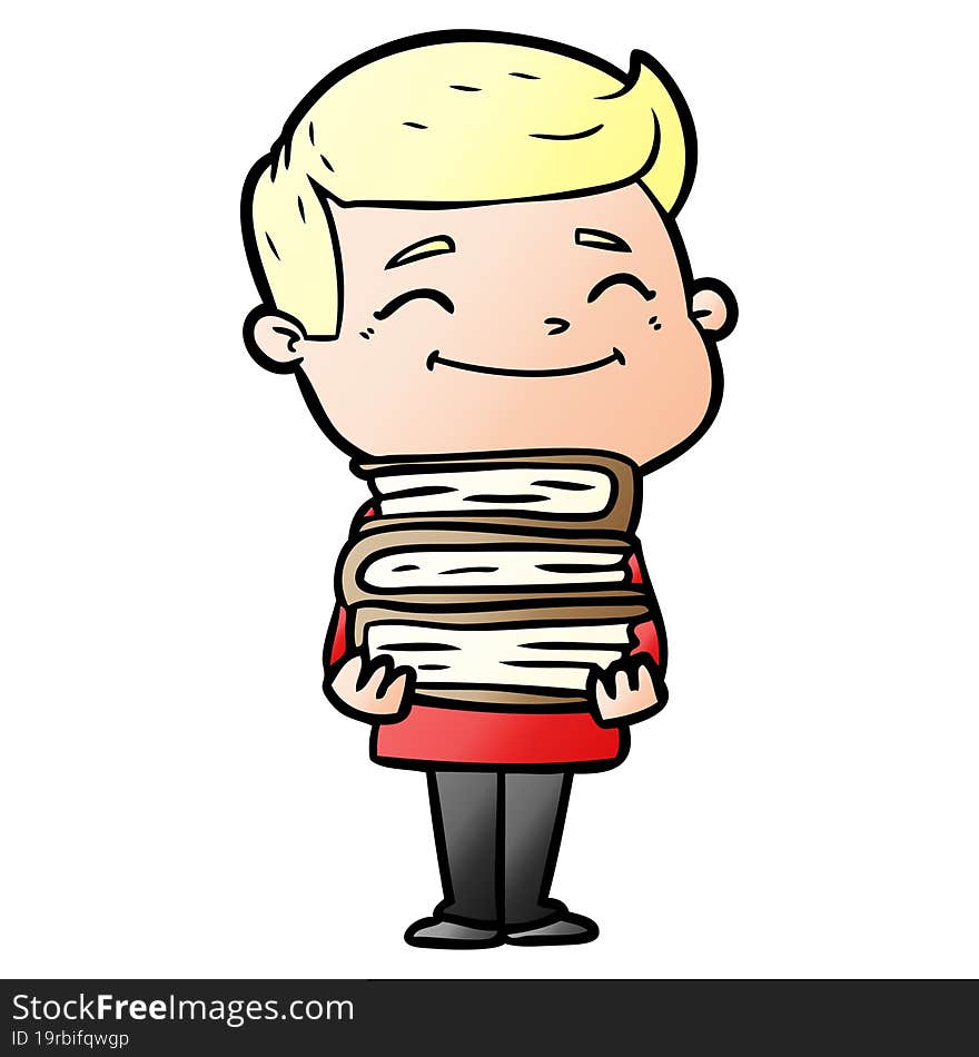 happy cartoon man with stack of books. happy cartoon man with stack of books