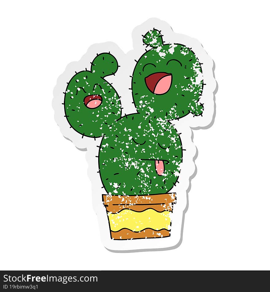 distressed sticker of a quirky hand drawn cartoon cactus