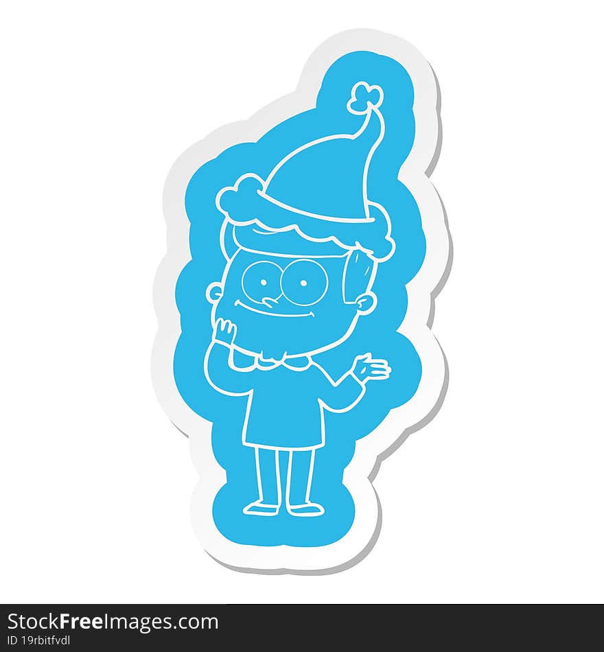 Cartoon  Sticker Of A Happy Man Wearing Santa Hat