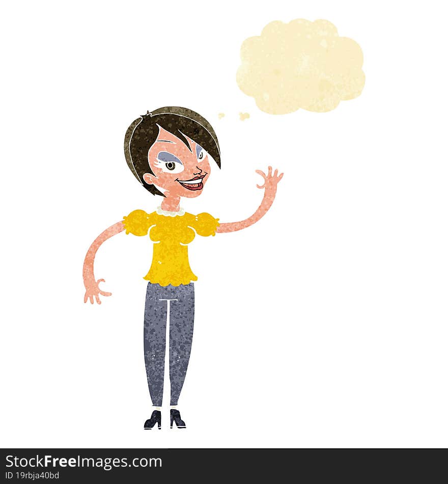 cartoon woman waving with thought bubble