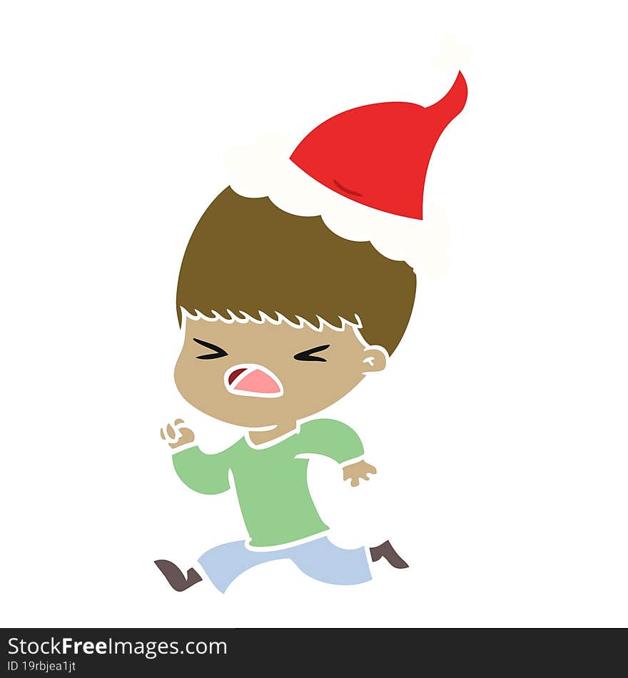 flat color illustration of a stressed man wearing santa hat