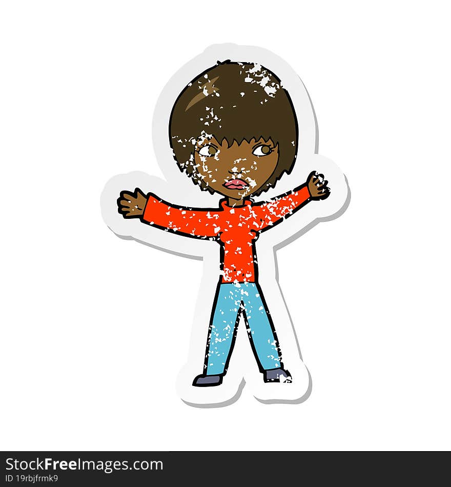 Retro Distressed Sticker Of A Cartoon Waving Woman