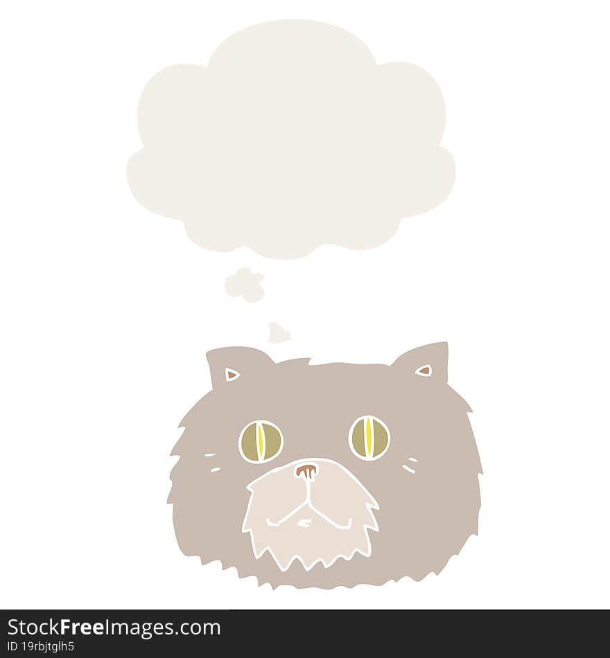 cartoon cat face and thought bubble in retro style