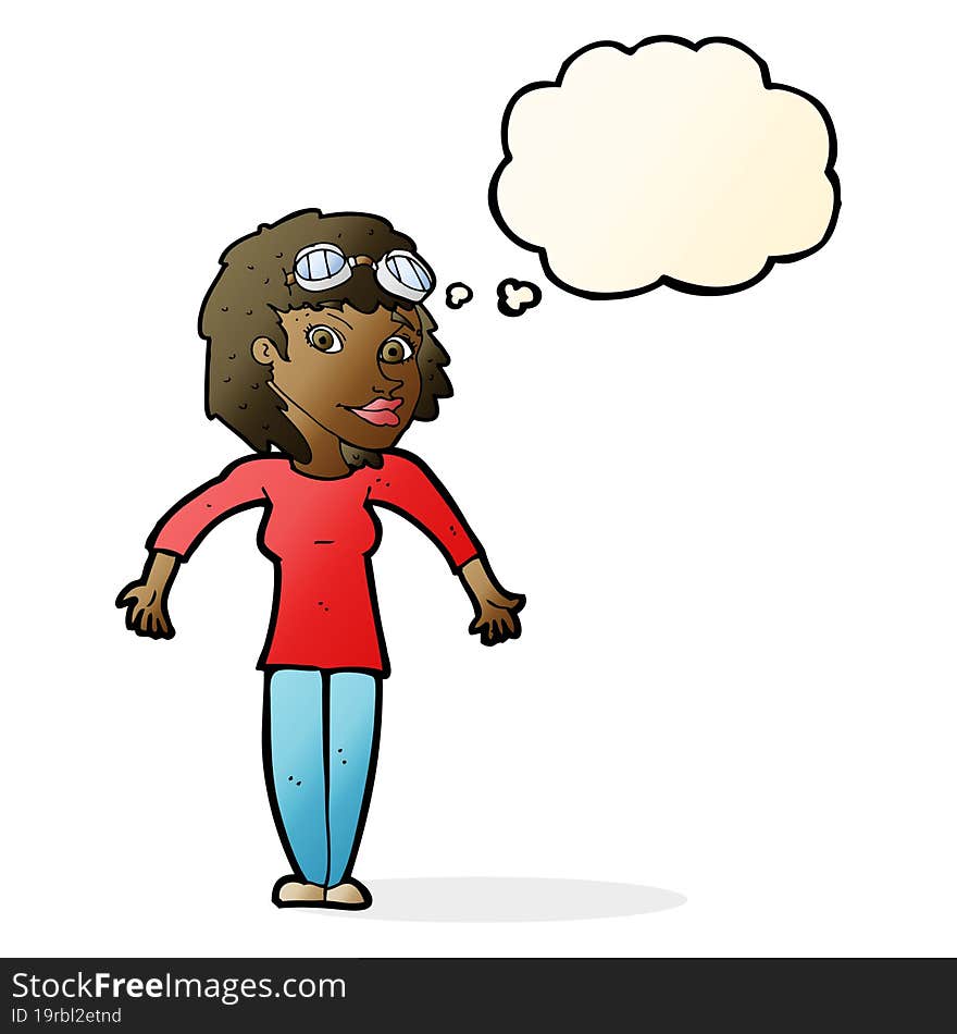 cartoon woman wearing goggles with thought bubble