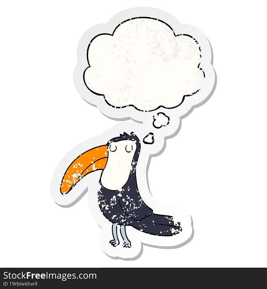 cartoon toucan with thought bubble as a distressed worn sticker