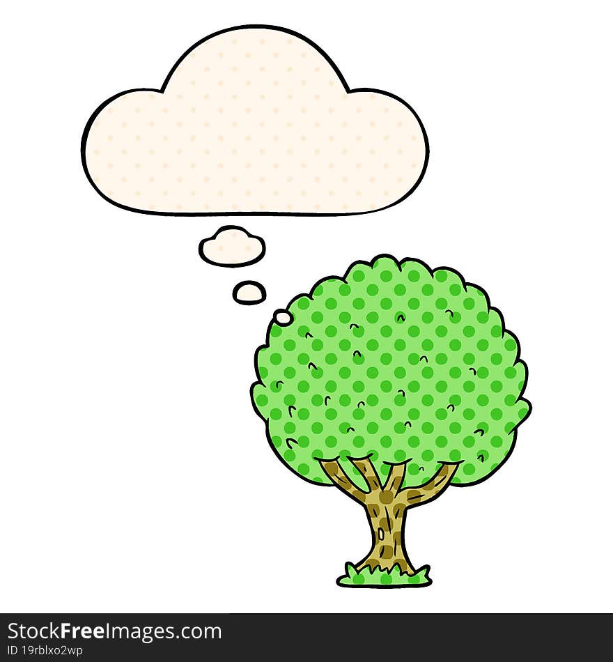 cartoon tree and thought bubble in comic book style