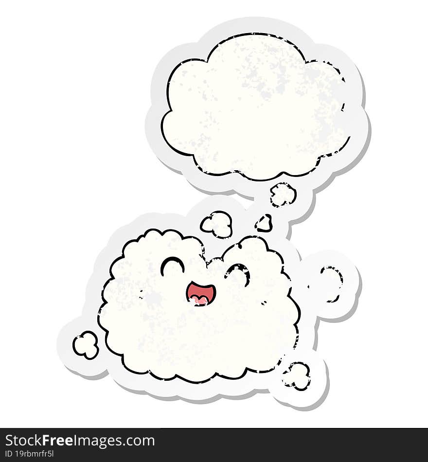 cartoon happy smoke cloud and thought bubble as a distressed worn sticker