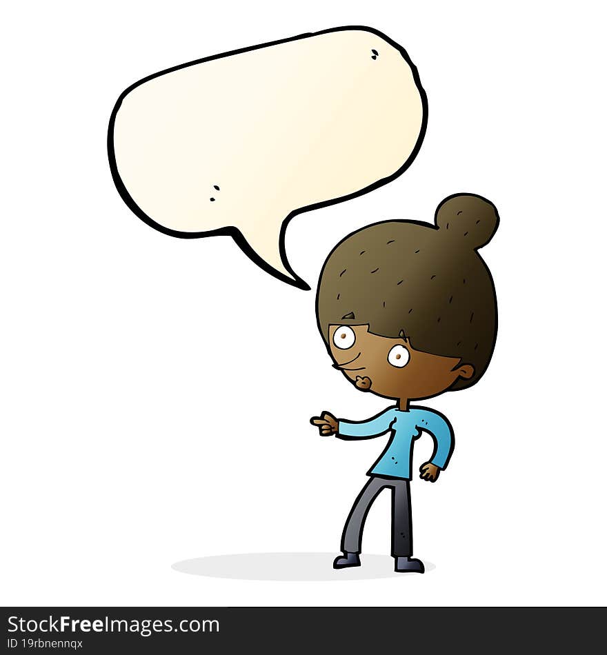 cartoon woman pointing with speech bubble