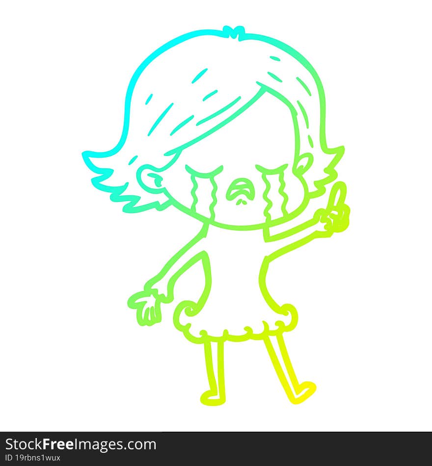 cold gradient line drawing of a cartoon girl crying