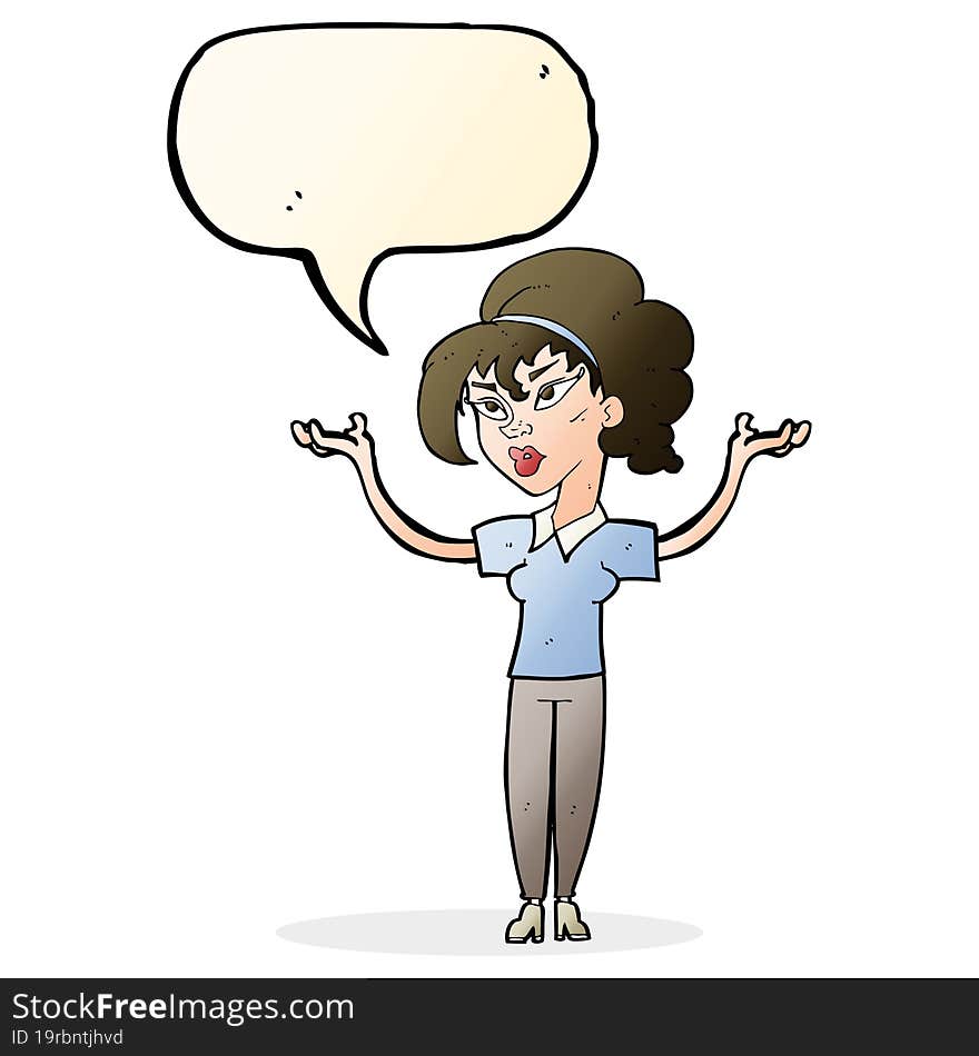 cartoon woman raising hands in air with speech bubble