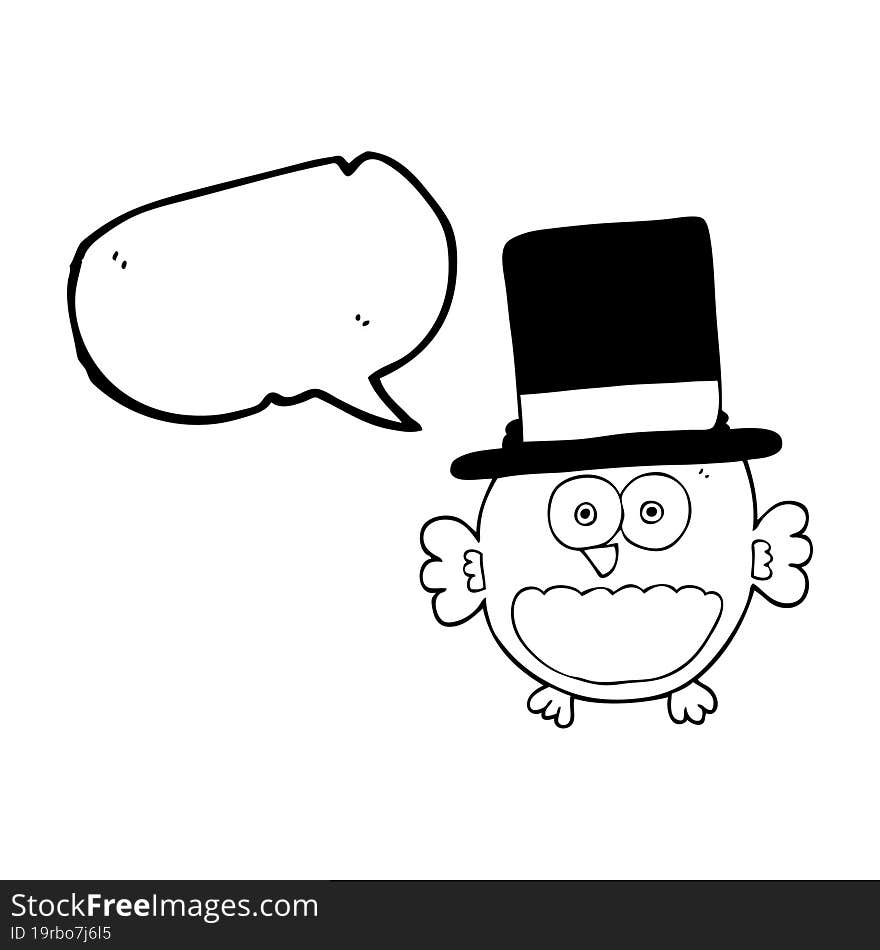 freehand drawn speech bubble cartoon owl in top hat