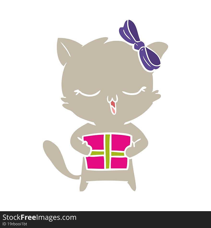 flat color style cartoon girl cat with christmas present