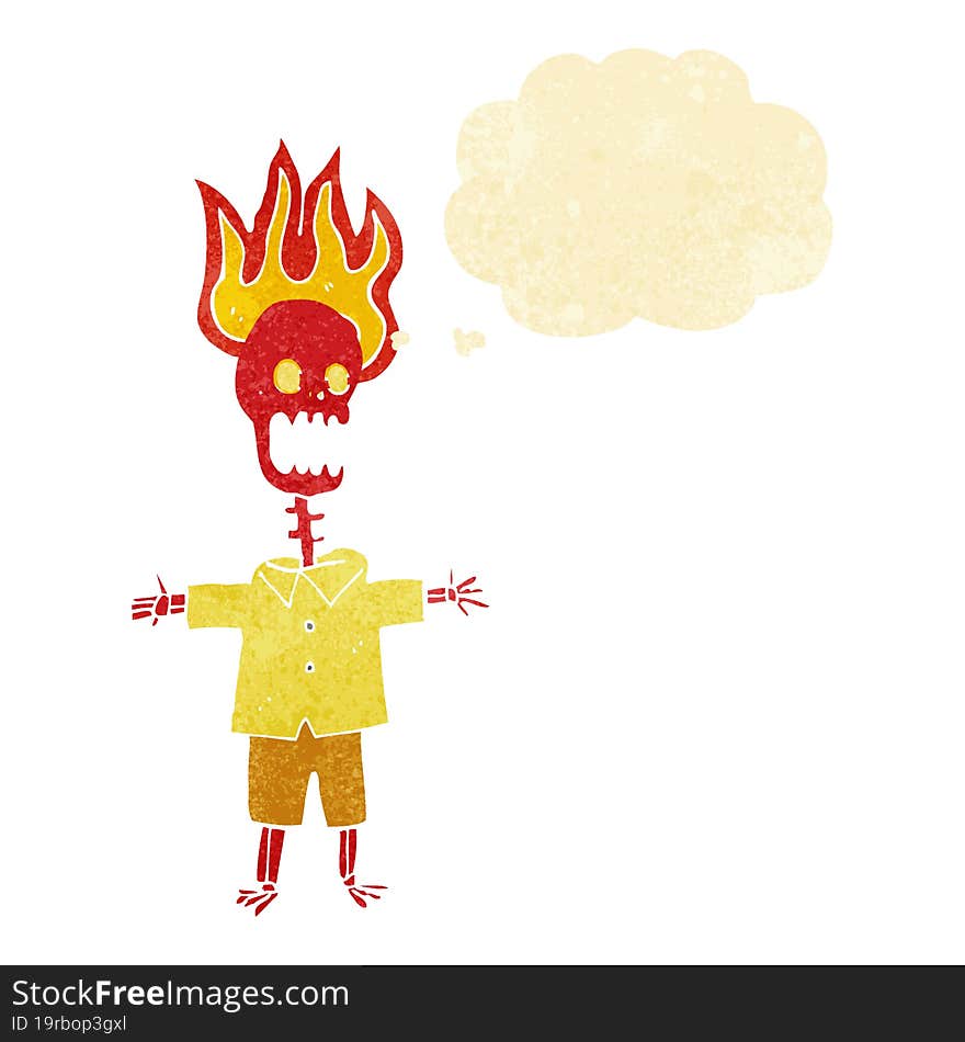 cartoon flaming skeleton with thought bubble