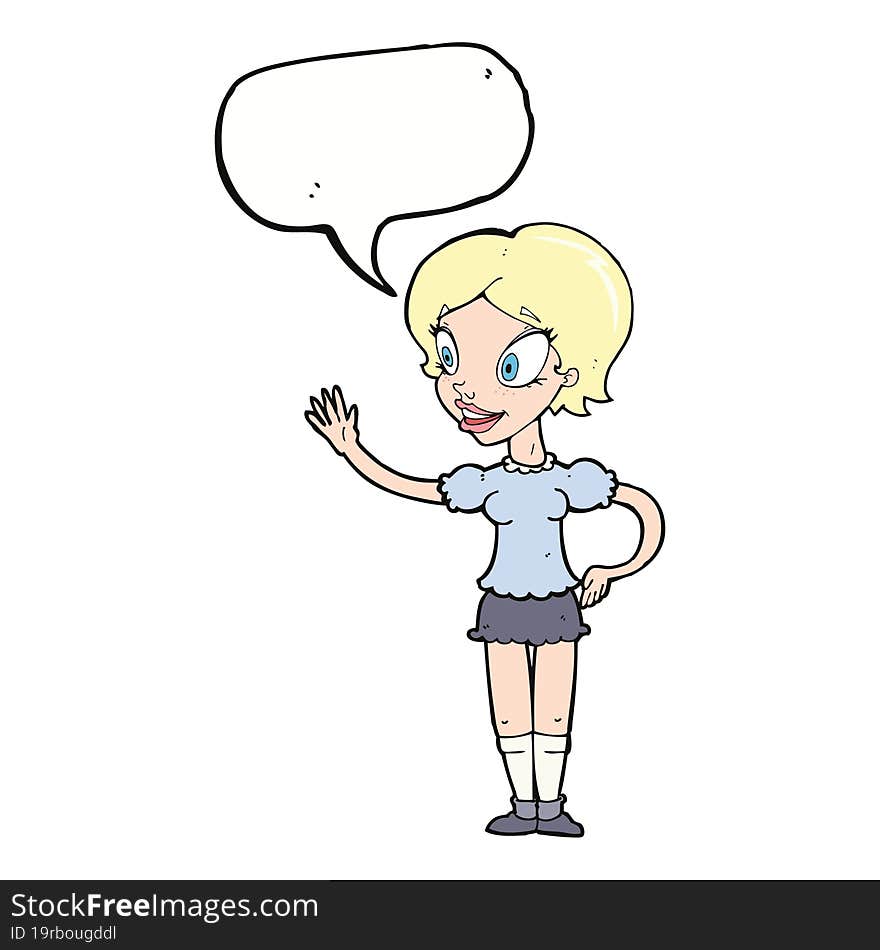 cartoon waving woman with speech bubble