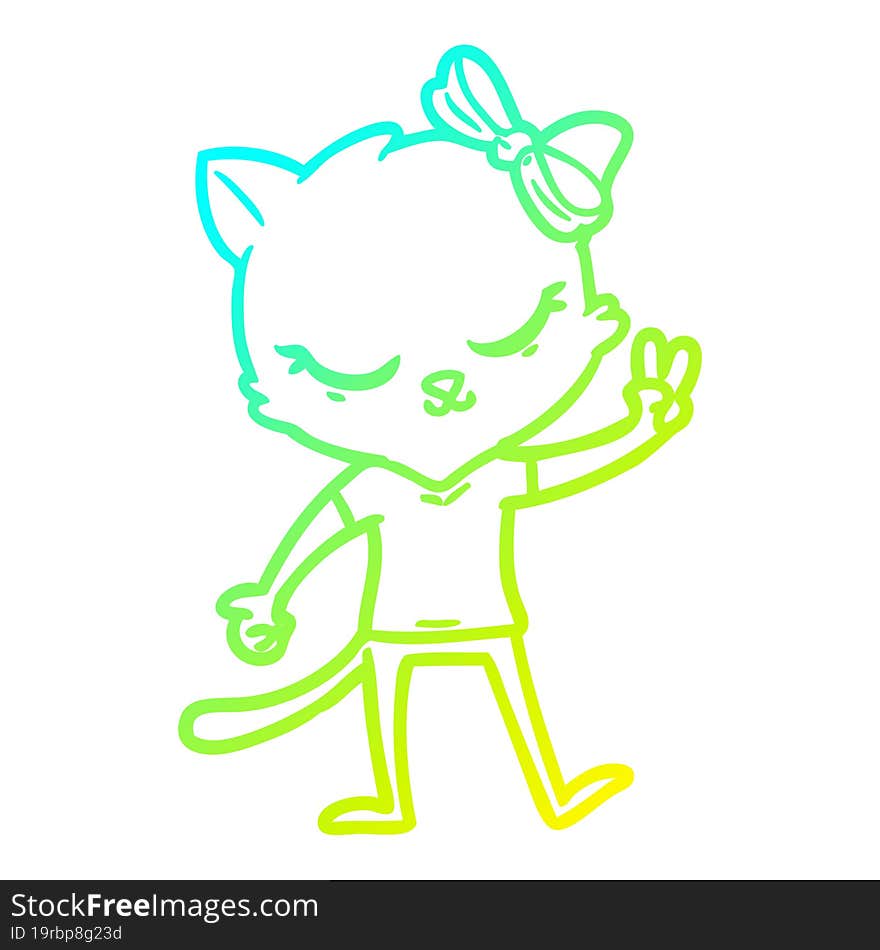 cold gradient line drawing cute cartoon cat with bow