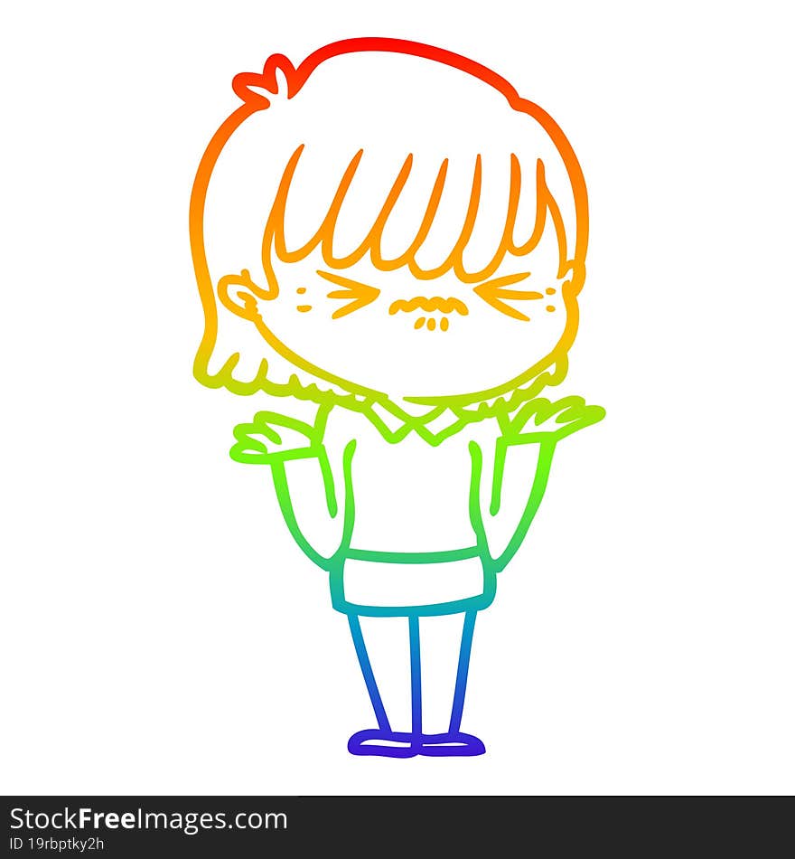 Rainbow Gradient Line Drawing Annoyed Cartoon Girl