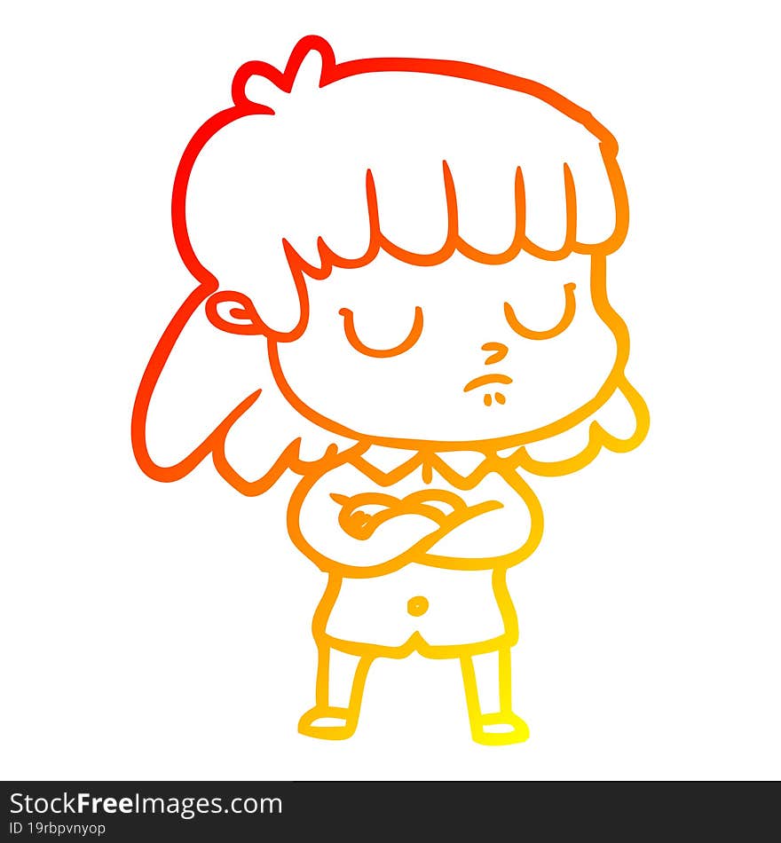 warm gradient line drawing of a cartoon indifferent woman folding arms