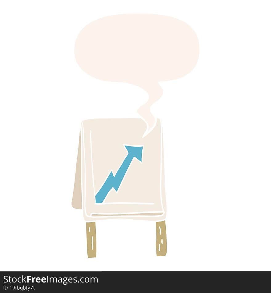 cartoon business chart with arrow with speech bubble in retro style. cartoon business chart with arrow with speech bubble in retro style